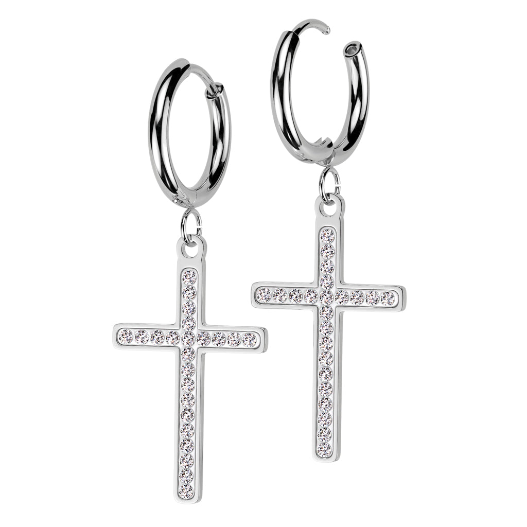 PAIR Dangling Cross Hoop Earrings 316L Stainless Steel Hinge Action 18g