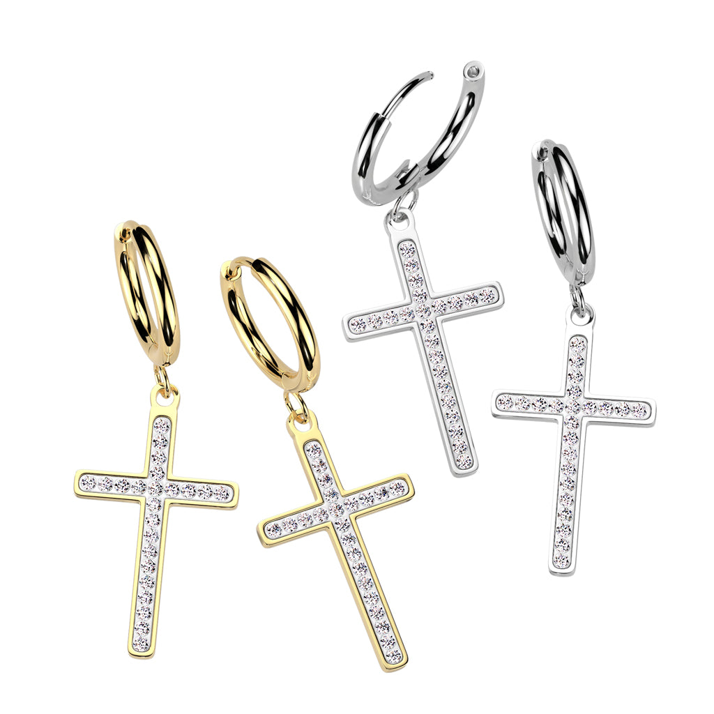 PAIR Dangling Cross Hoop Earrings 316L Stainless Steel Hinge Action 18g