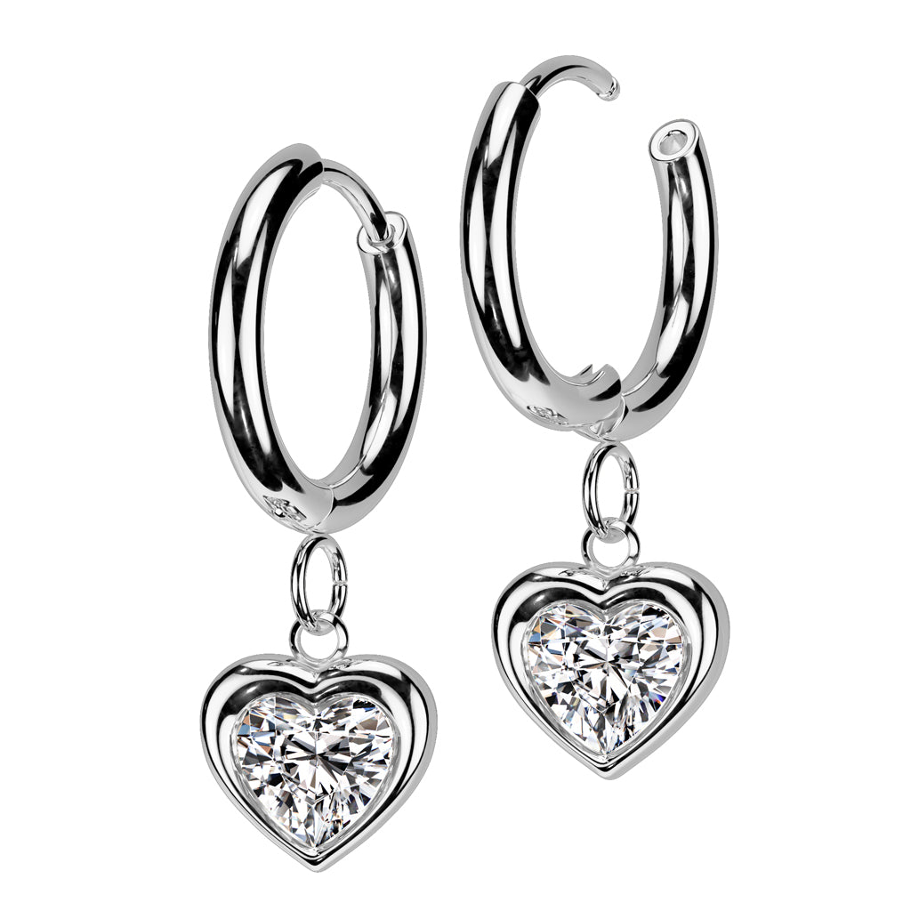 PAIR Dangling Gem Heart Hoop Earrings 316L Stainless Steel Hinge Action 18g