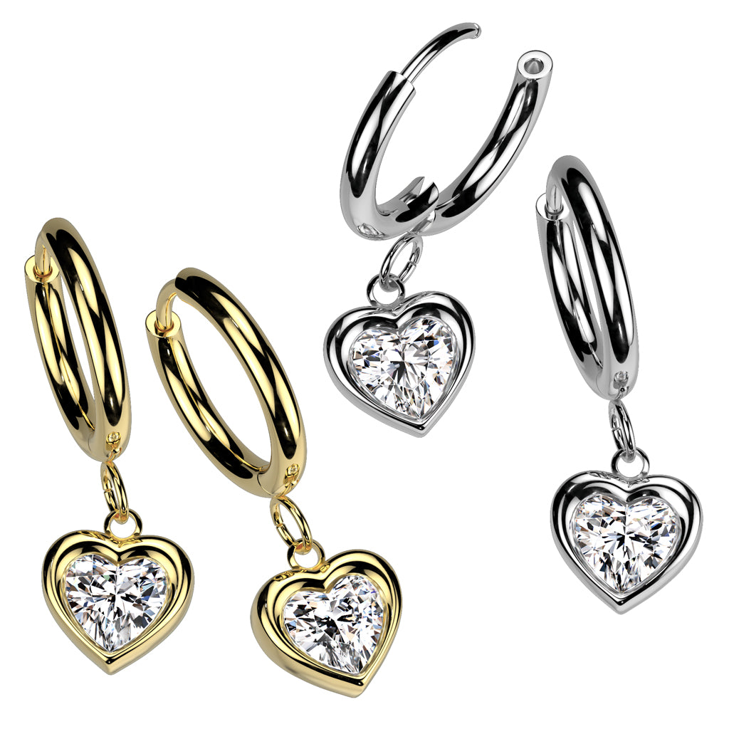 PAIR Dangling Gem Heart Hoop Earrings 316L Stainless Steel Hinge Action 18g