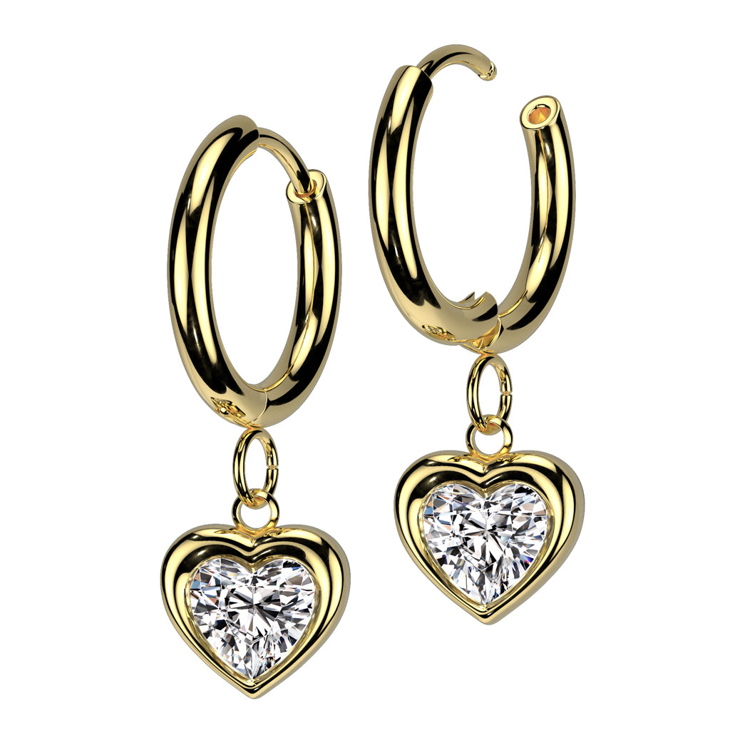 PAIR Dangling Gem Heart Hoop Earrings 316L Stainless Steel Hinge Action 18g