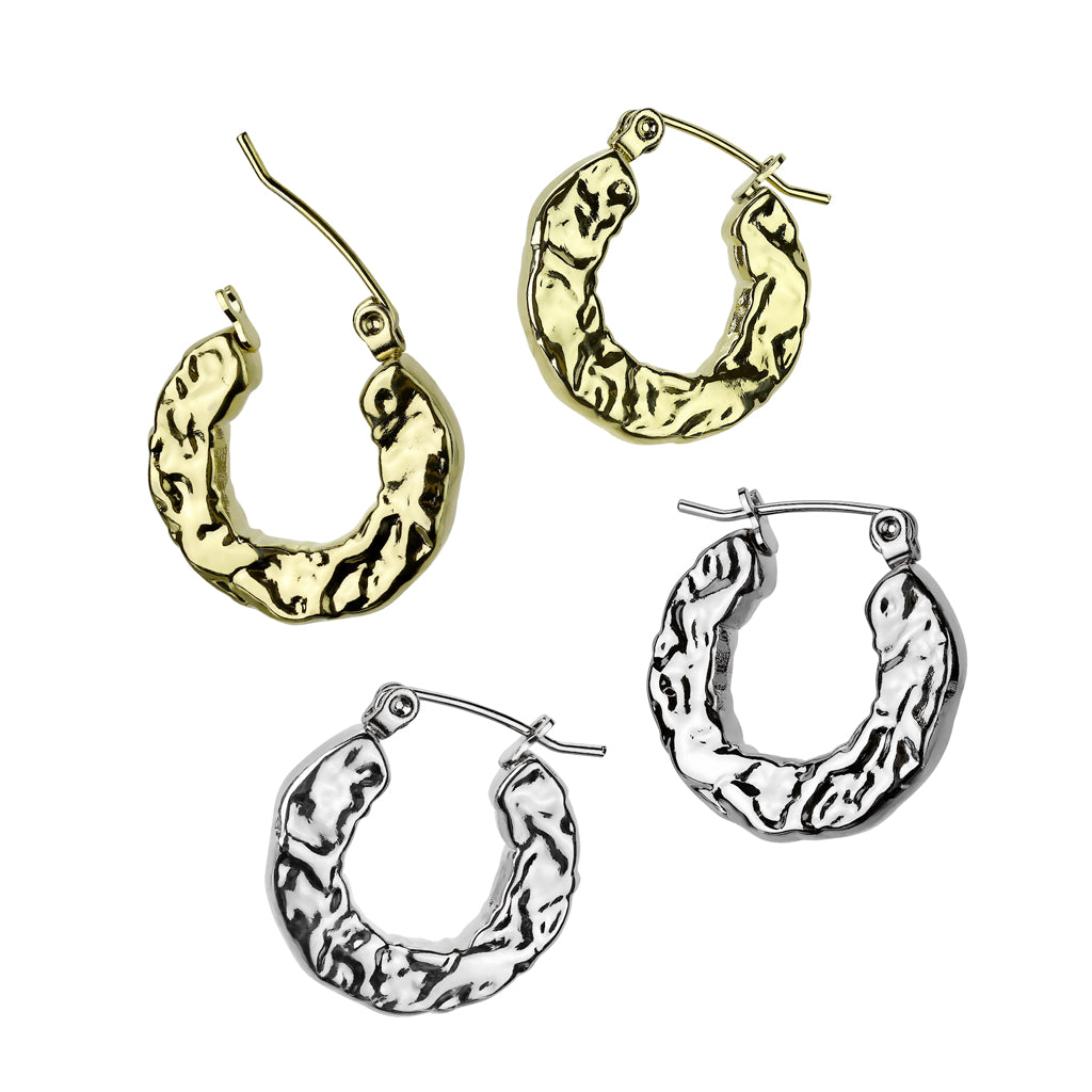 PAIR Hammered Thick Hoop Style Earrings 316L Stainless Steel 20g