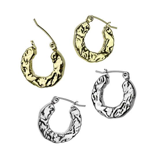 PAIR Hammered Thick Hoop Style Earrings 316L Stainless Steel 20g