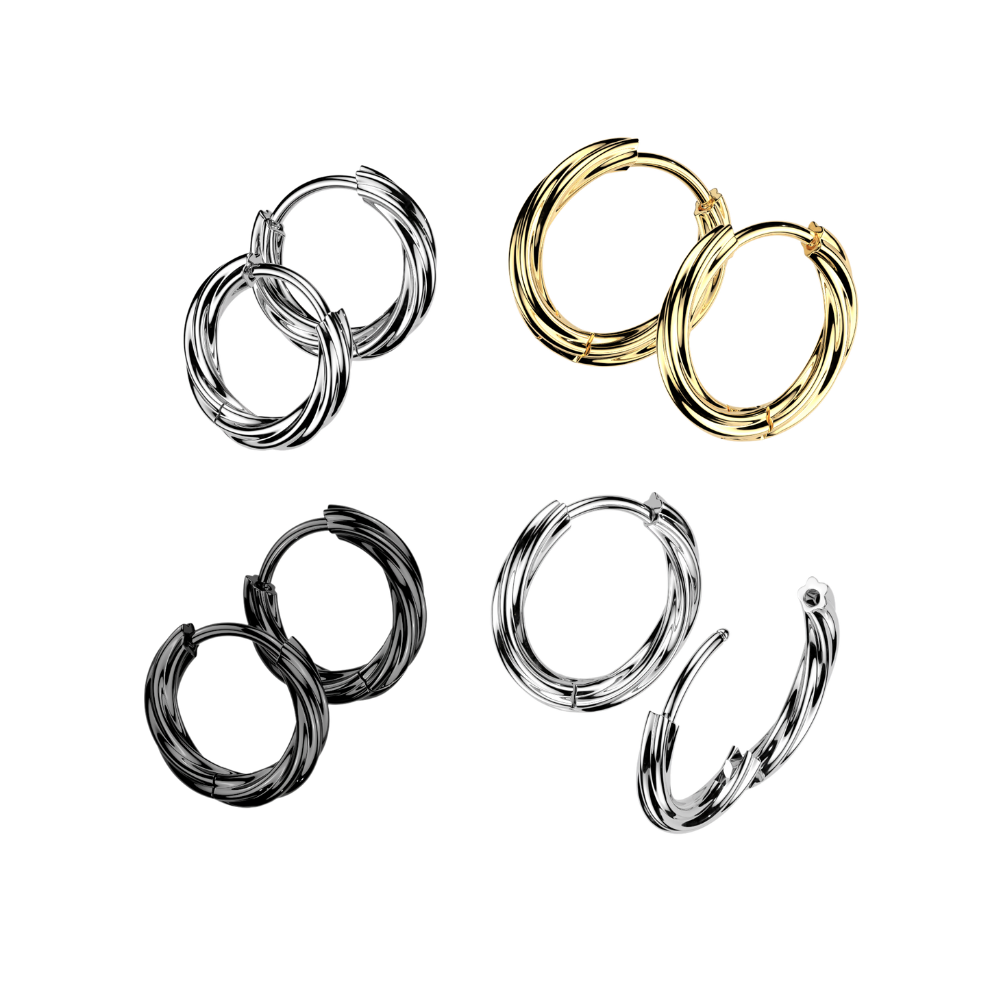 PAIR Twisted Huggie Hinged Hoop Earrings 316L Stainless Steel Hinge Action 18g