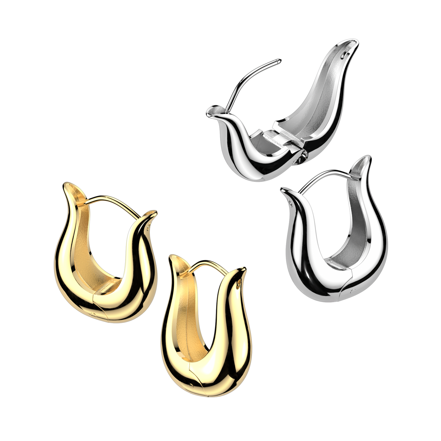 PAIR Wide Tulip Shape Hinged Hoop Earrings 316L Stainless Steel Hinge Action 18g