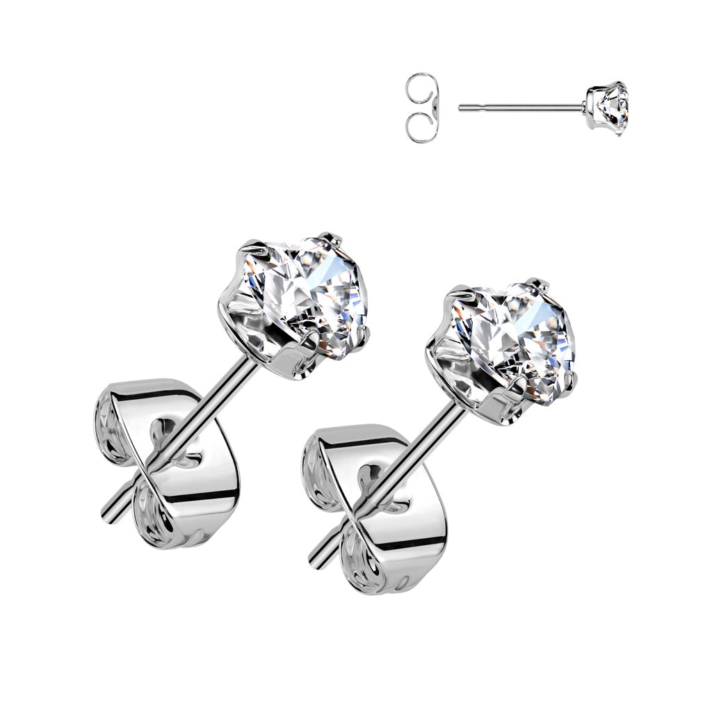 PAIR Heart CZ Gem Stud Earrings 316L Surgical Steel, choose color & gem size