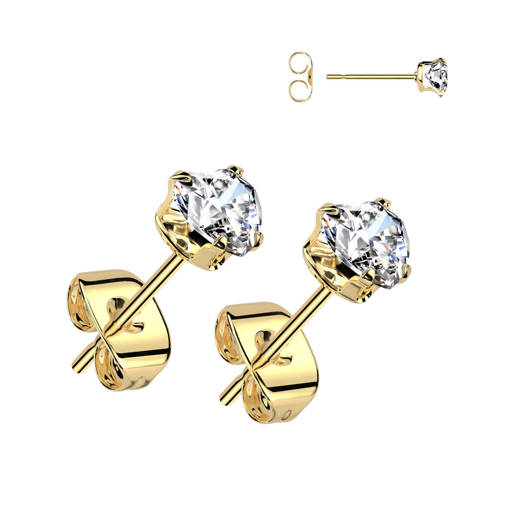 PAIR Heart CZ Gem Stud Earrings 316L Surgical Steel, choose color & gem size