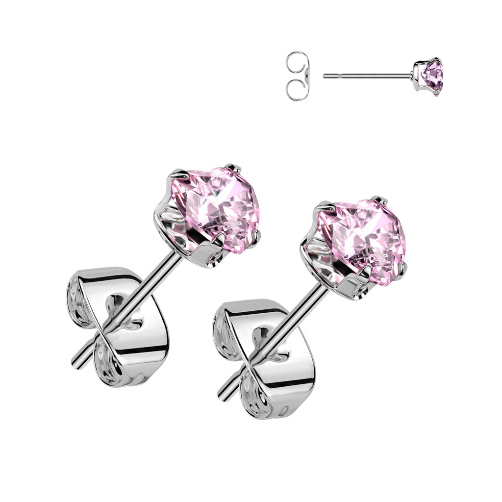 PAIR Heart CZ Gem Stud Earrings 316L Surgical Steel, choose color & gem size