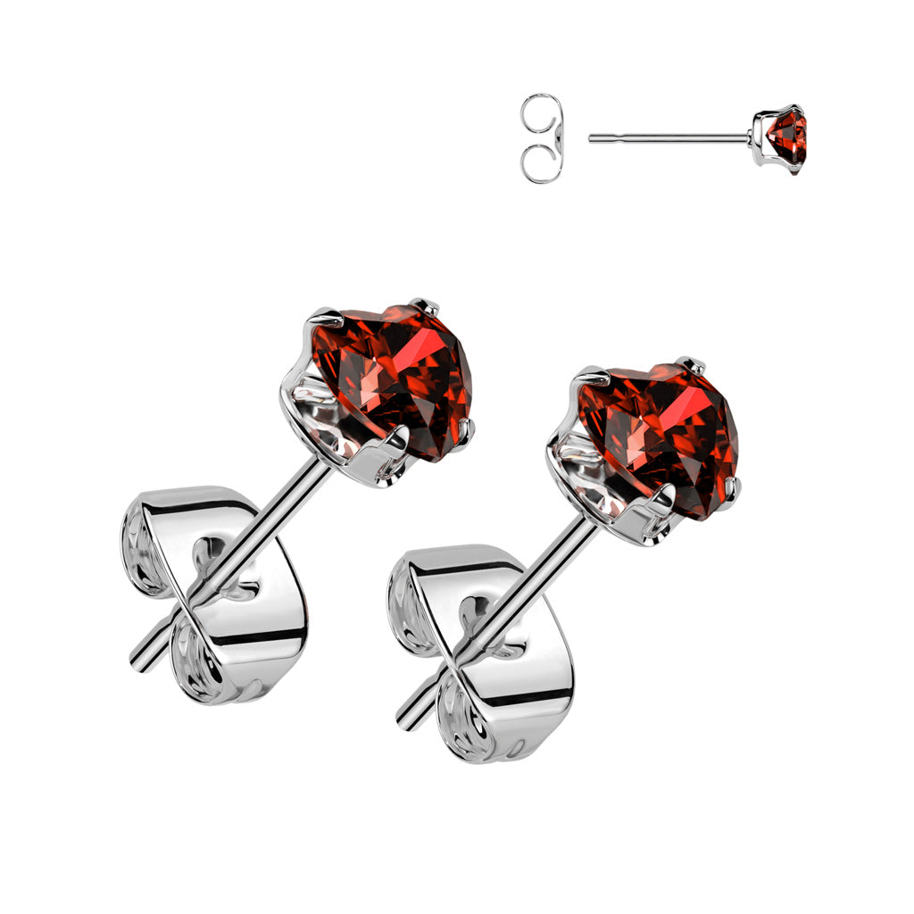 PAIR Heart CZ Gem Stud Earrings 316L Surgical Steel, choose color & gem size