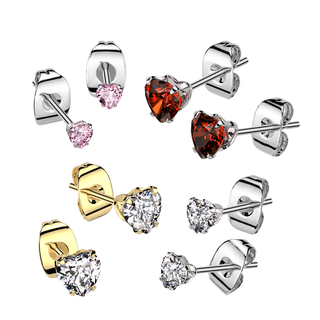 PAIR Heart CZ Gem Stud Earrings 316L Surgical Steel, choose color & gem size