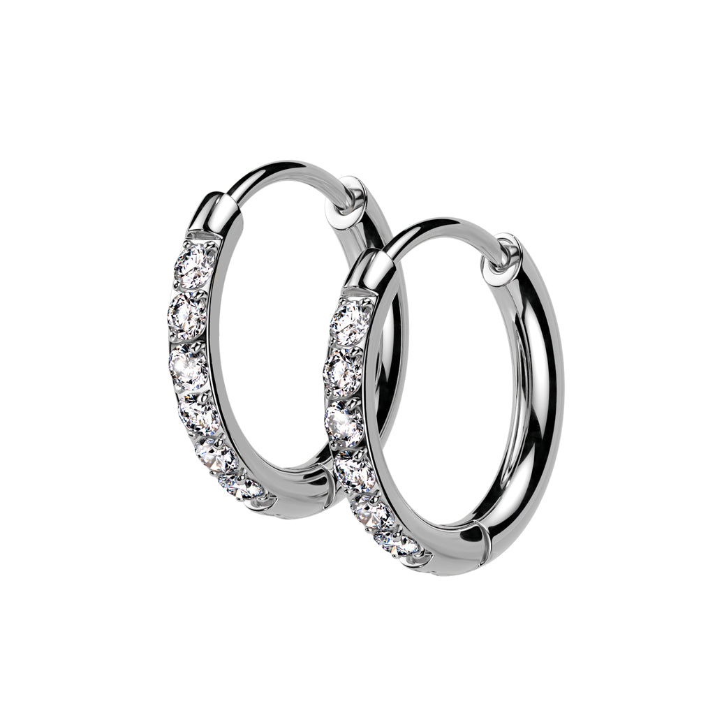 PAIR CZ Gem Paved Small Hoop Earrings 316L Stainless Steel Hinge Action 20g