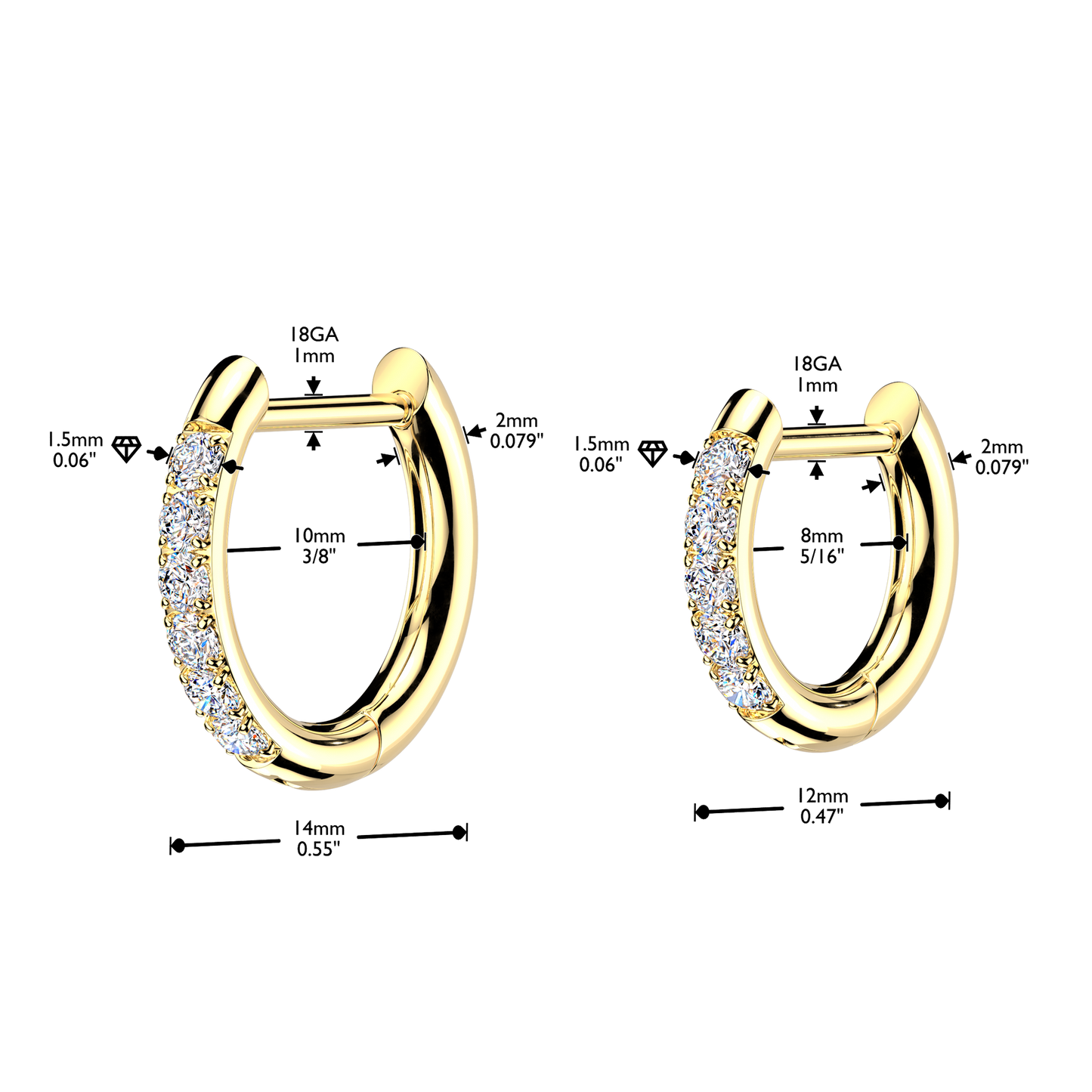 PAIR CZ Gem Accented Hinged Hoop Earrings 316L Stainless Steel Hinge Action 18g