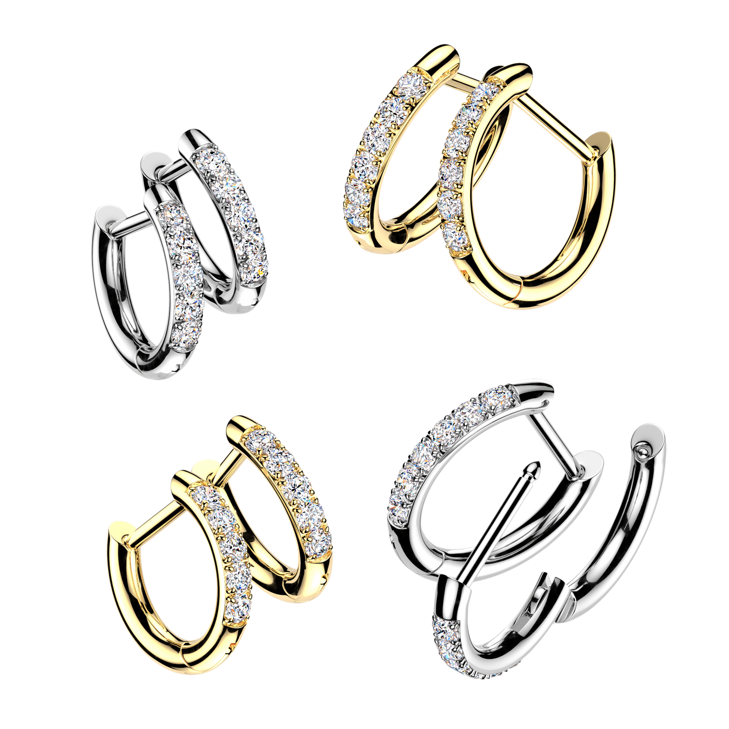 PAIR CZ Gem Accented Hinged Hoop Earrings 316L Stainless Steel Hinge Action 18g