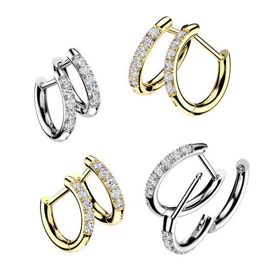 PAIR CZ Gem Accented Hinged Hoop Earrings 316L Stainless Steel Hinge Action 18g