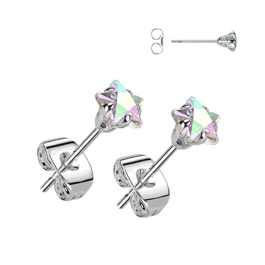 PAIR Star CZ Gem Stud Earrings 316L Surgical Steel, choose color & gem size