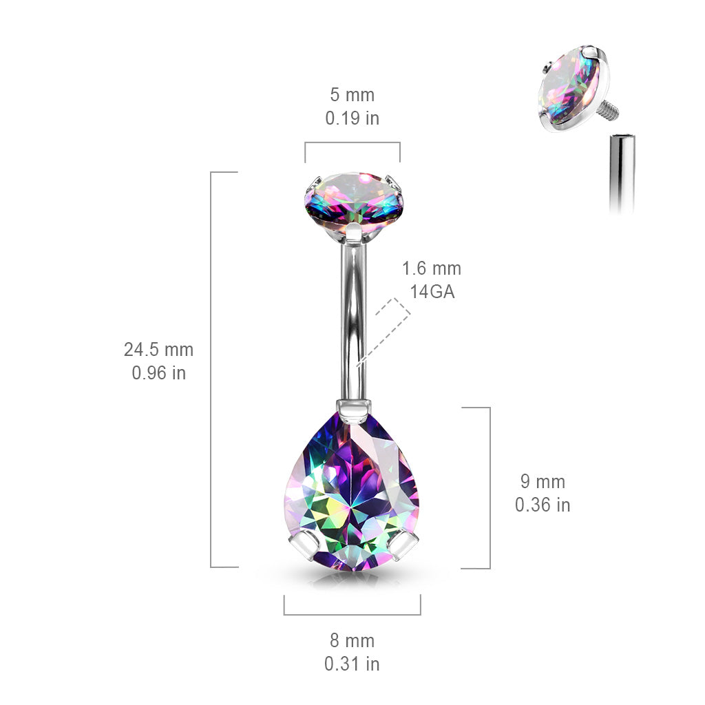 Solid Implant Grade Titanium Teardrop Gem Belly Button Ring 14g Navel Naval