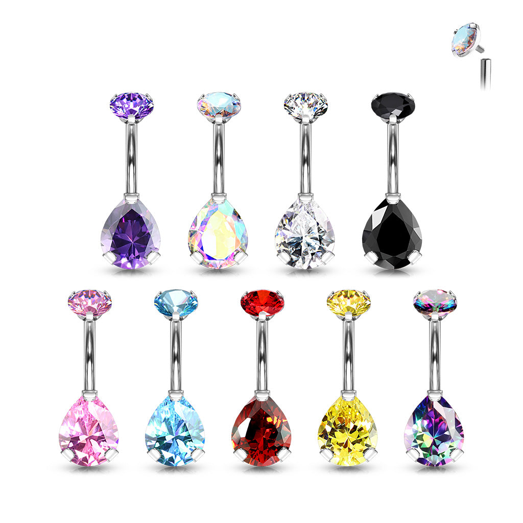 Solid Implant Grade Titanium Teardrop Gem Belly Button Ring 14g Navel Naval