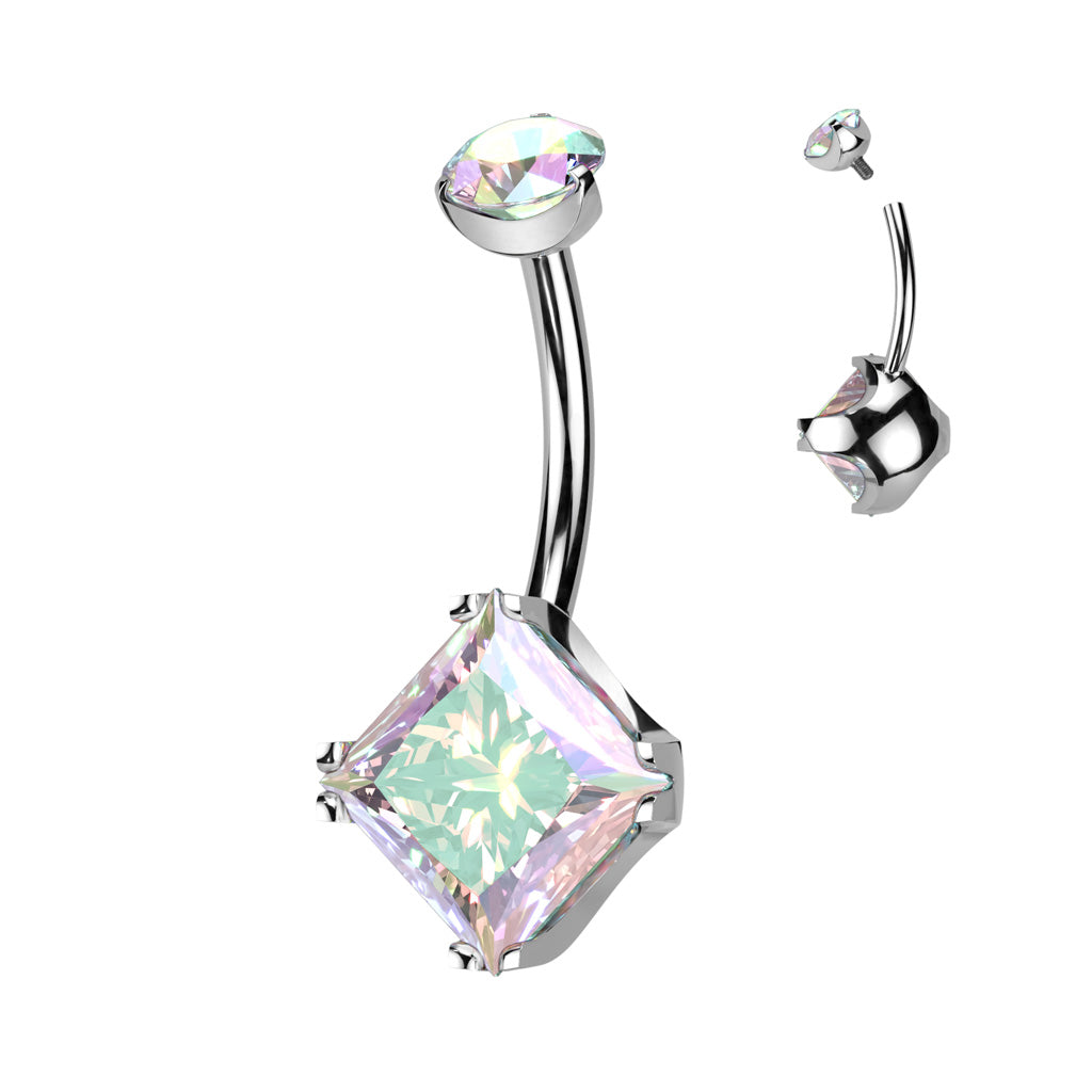 Solid Implant Grade Titanium Square CZ Gem Belly Button Ring 14g Navel Naval