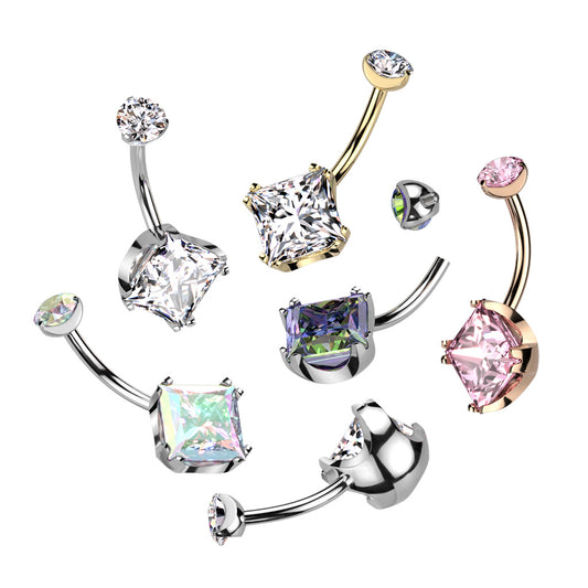 Solid Implant Grade Titanium Square CZ Gem Belly Button Ring 14g Navel Naval