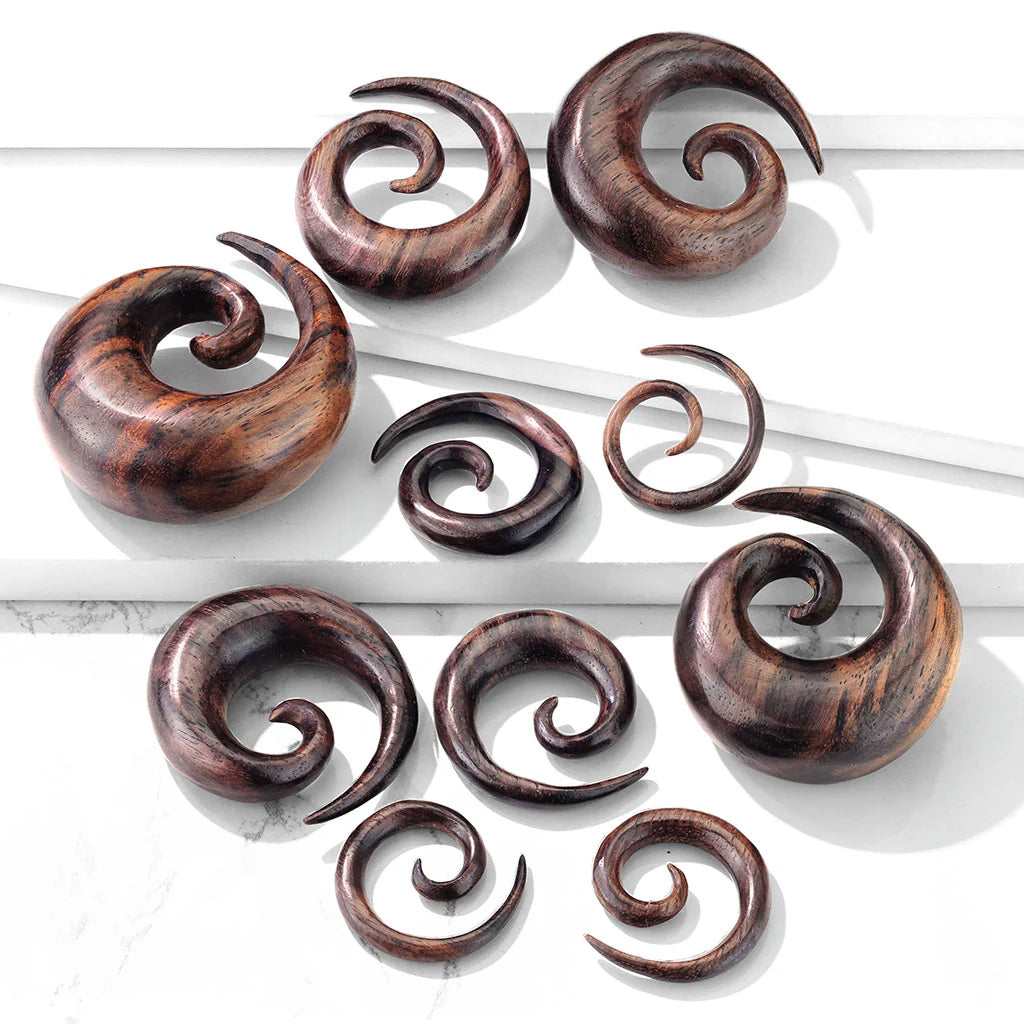 PAIR Brown Sono Wood Spiral Tapers Organic Plugs Tunnels Earlets Gauges