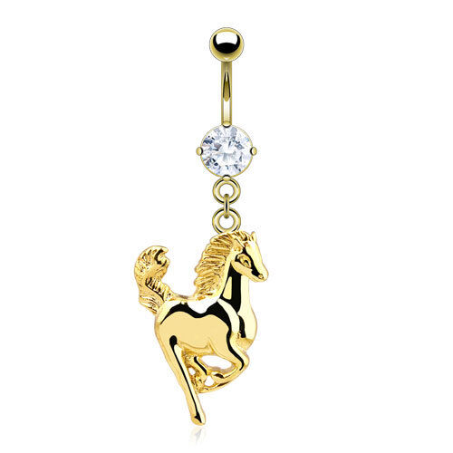 Gold Horse CZ CLEAR Gem Dangle Belly Ring Navel
