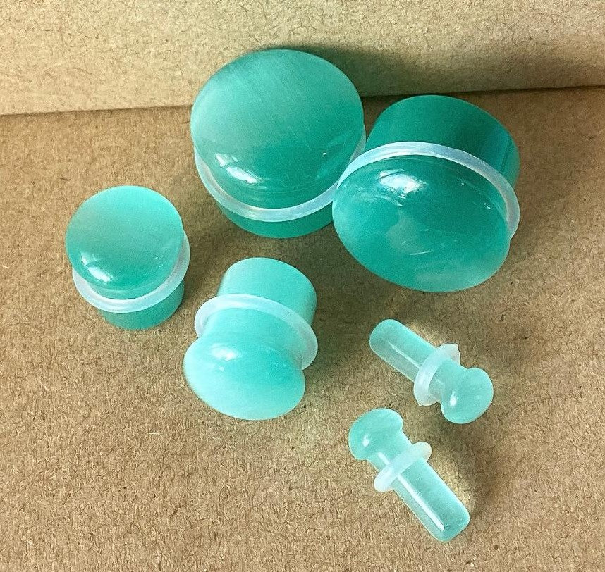 PAIR Seafoam Cat Eye Stone Plugs Single Flare Tunnels Earlet Gauges Body Jewelry