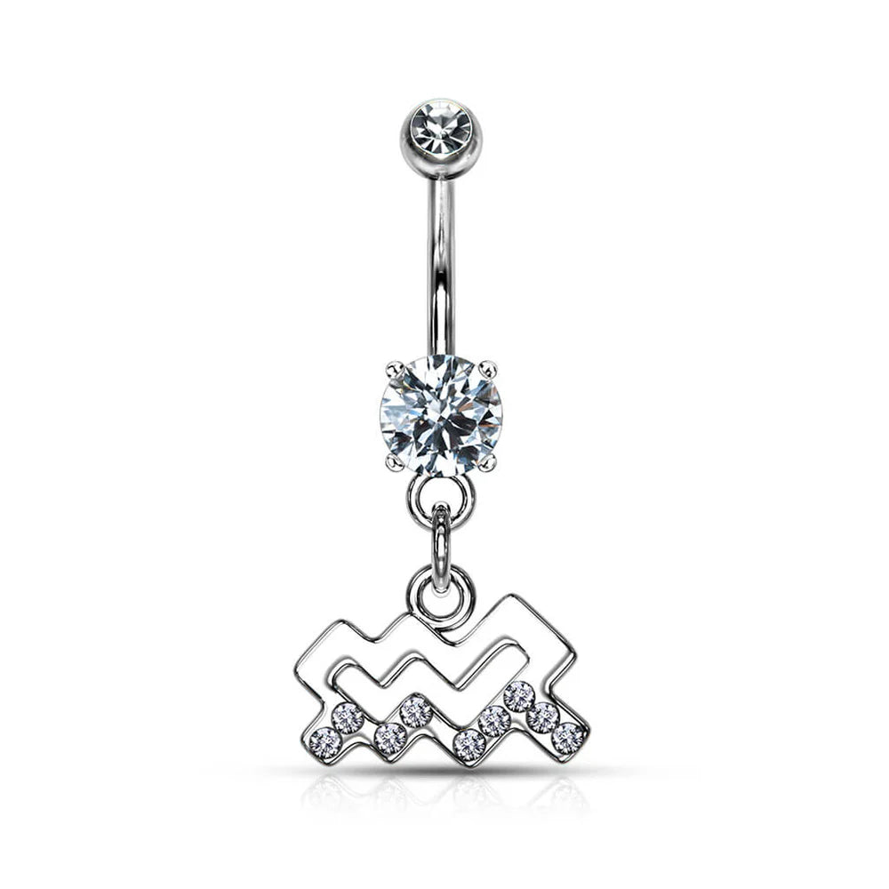 Zodiac Sign Paved CZ Gem Belly Ring Pierced Navel Astrology 14g Surgical Steel
