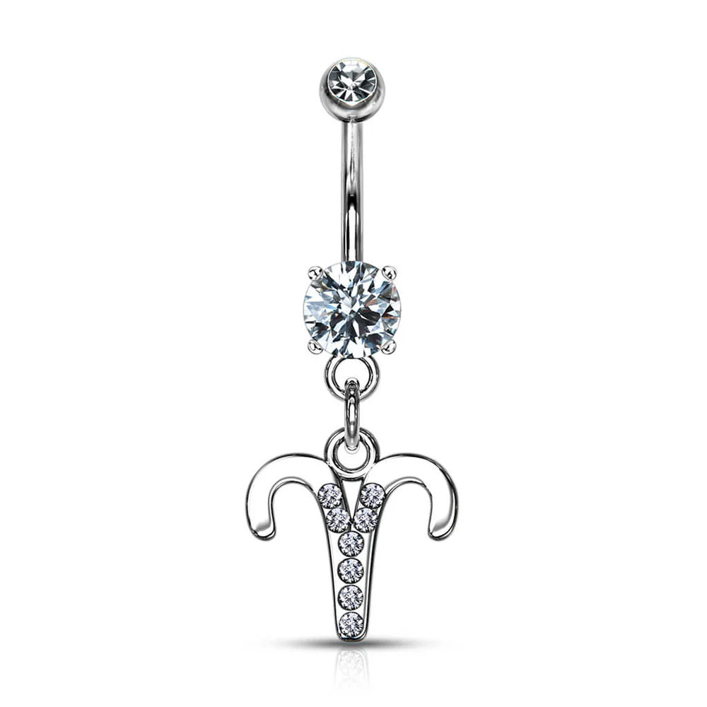 Zodiac Sign Paved CZ Gem Belly Ring Pierced Navel Astrology 14g Surgical Steel