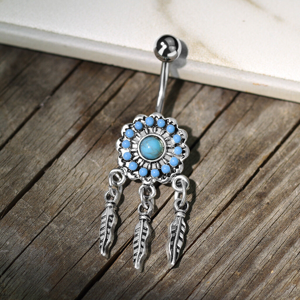 Turquoise Paved Dream Catcher Dreamcatcher Stone Belly Ring Pierced Naval Navel