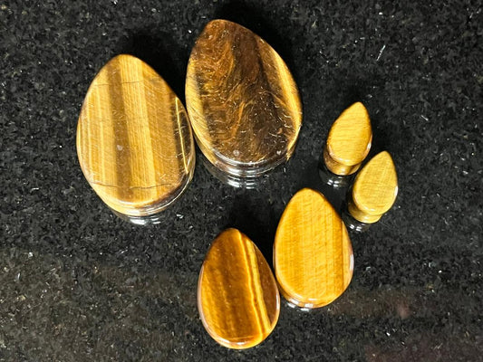 PAIR Teardrop Tiger Eye Stone Plugs Tear Drop Ear Piercing Earlets Gauges