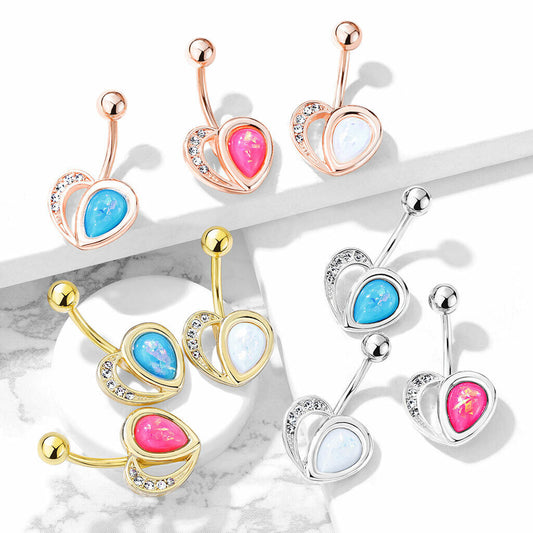 Crystal Paved Heart Belly Ring w/ Opal Glitter Half Naval Piercing Navel