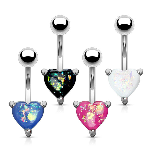 Solitaire Heart Opal Glitter Gem Belly Ring 316L Surgical Steel Navel Naval