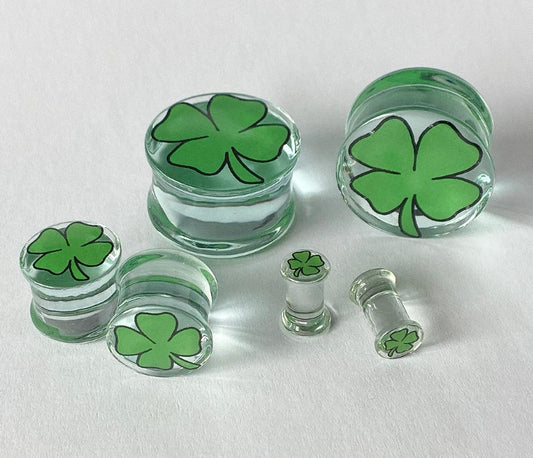 PAIR Green Shamrock Clover Glass Double Flare Plugs Gauges Tunnels Body Jewelry