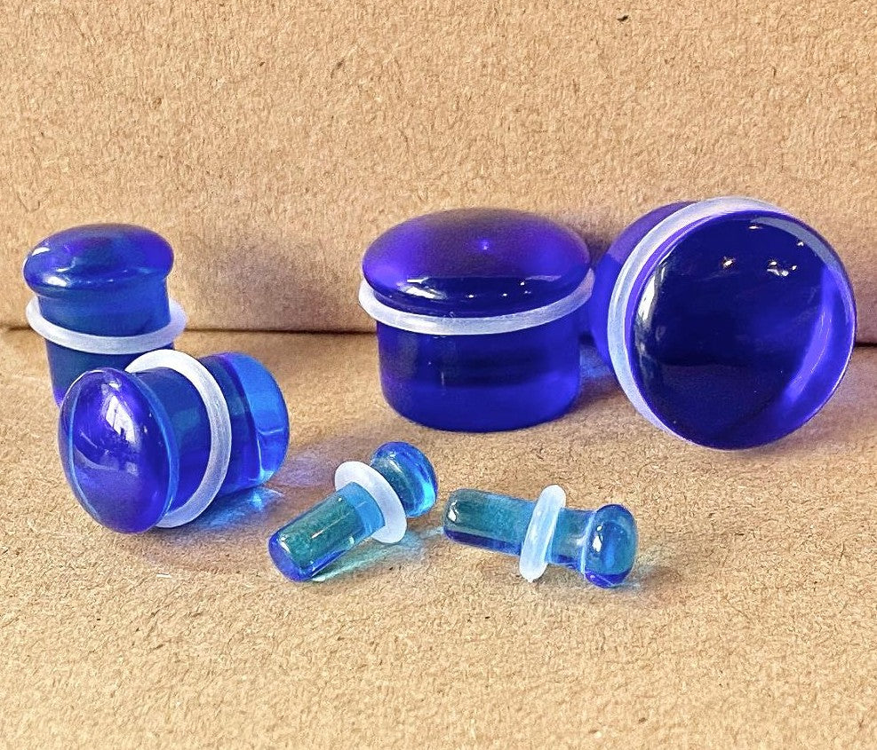 PAIR Blue Glass Single Flare Plugs Gauges Tunnels Earlets Body Piercing Jewelry