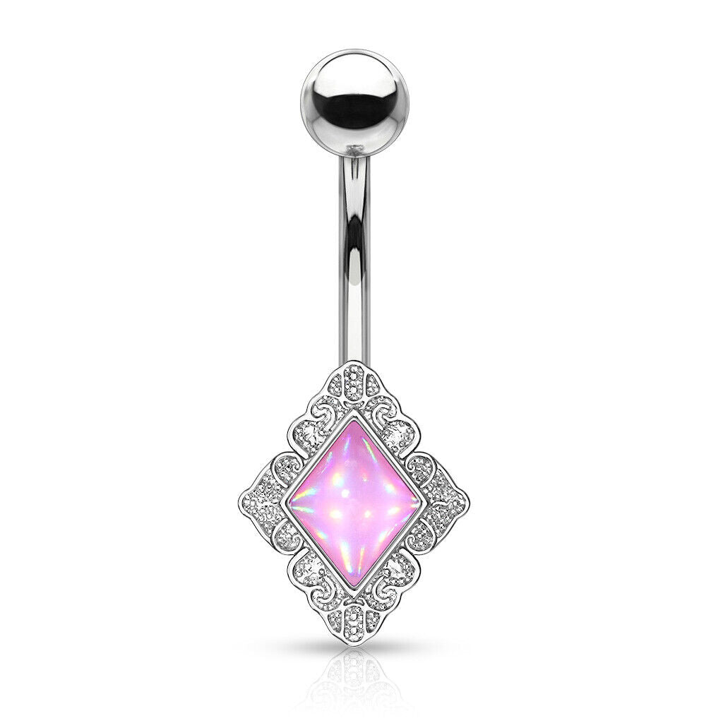 Diamond-Shaped Filigree Edge Illuminating Stone Belly Ring Naval Piercing Navel