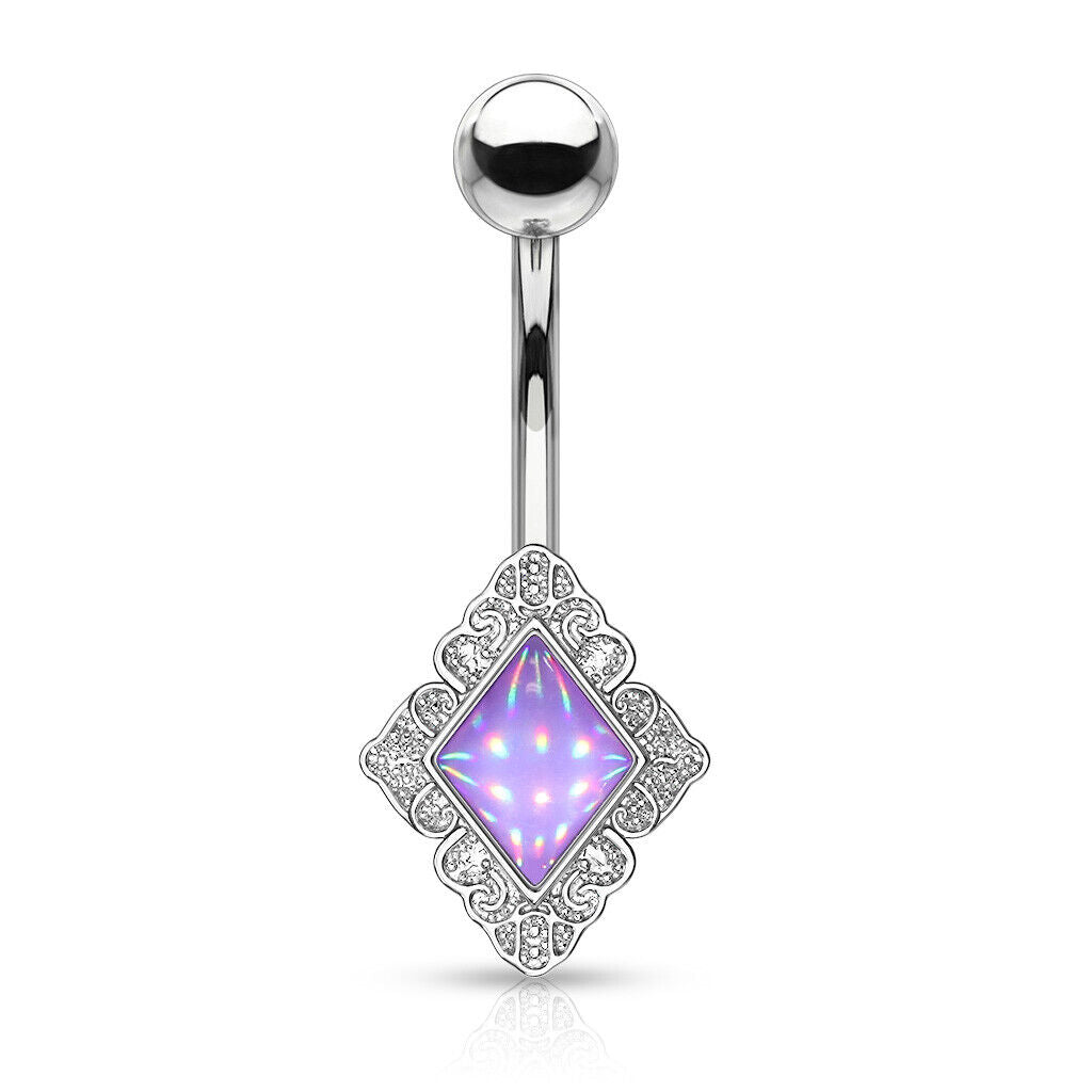 Diamond-Shaped Filigree Edge Illuminating Stone Belly Ring Naval Piercing Navel