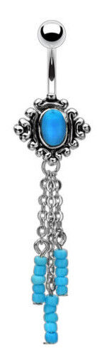 Semi-Precious Turquoise Belly Ring Pierced Navel Naval Vintage Vine Dangle 14g