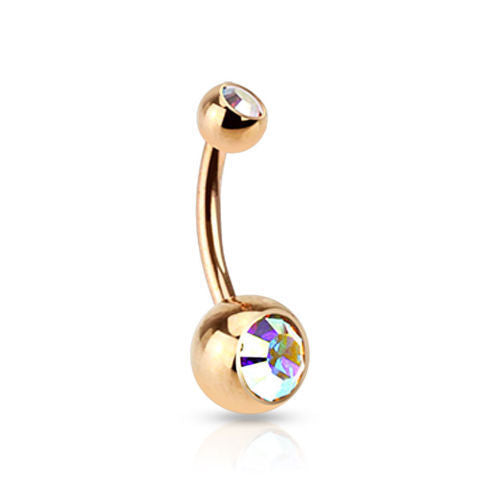 Rose Gold Plated Steel Double CZ Gem Ball Belly Ring Pierced Navel Naval