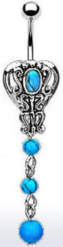 Semi-Precious Turquoise Belly Ring Pierced Navel Naval Vintage Vine Dangle 14g