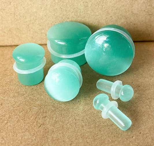 PAIR Seafoam Cat Eye Stone Plugs Single Flare Tunnels Earlet Gauges Body Jewelry