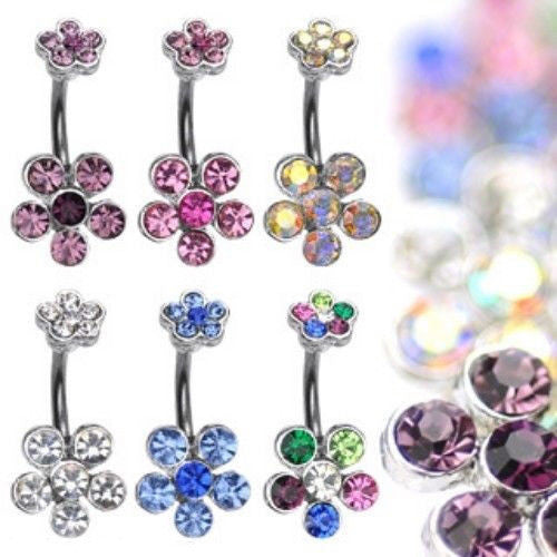 1pc Flower Double Gem Belly Ring Navel Piercing Pierced Naval Body Jewelry