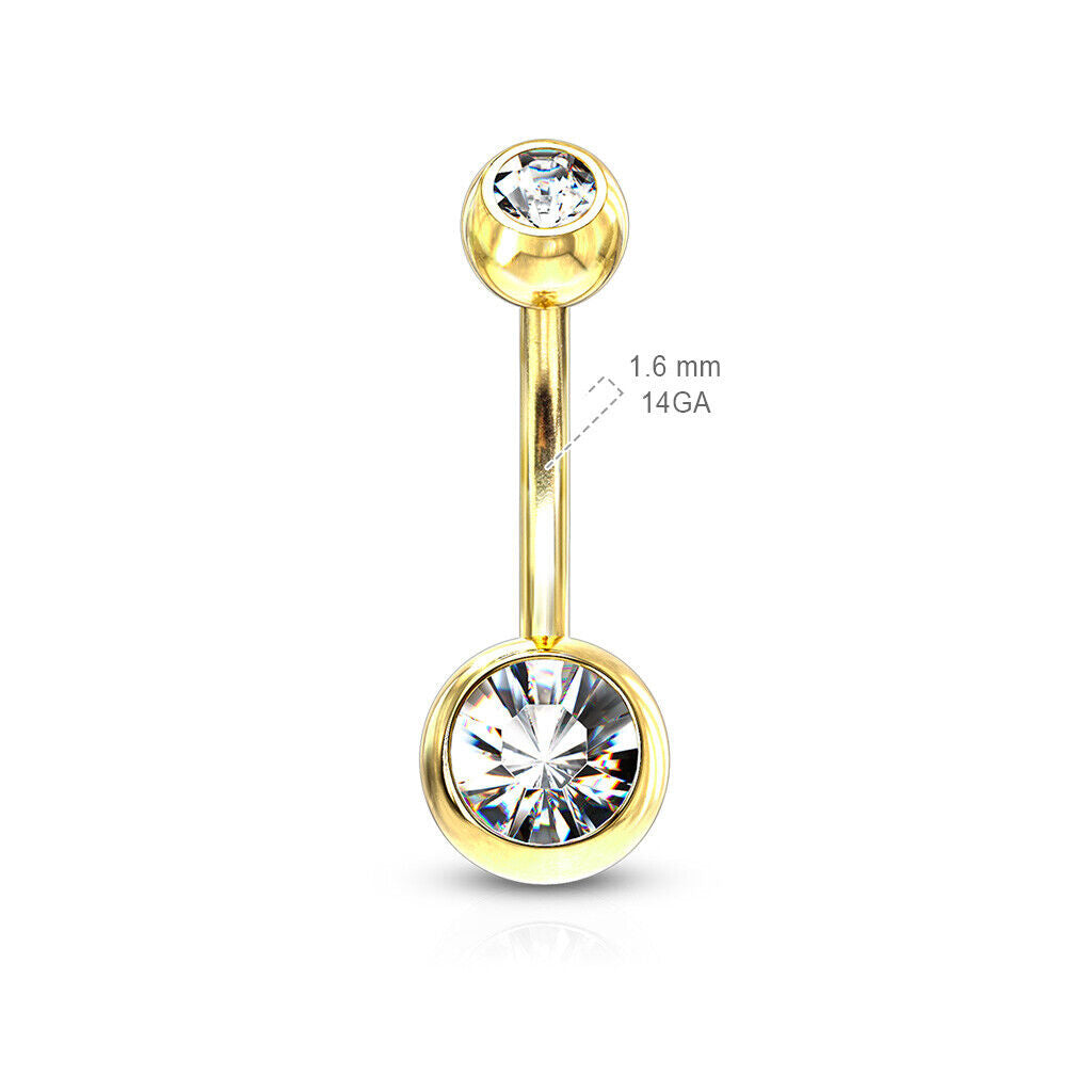 Gold Ion Plated Steel Double CZ Gem Ball Belly Ring Pierced Navel Naval