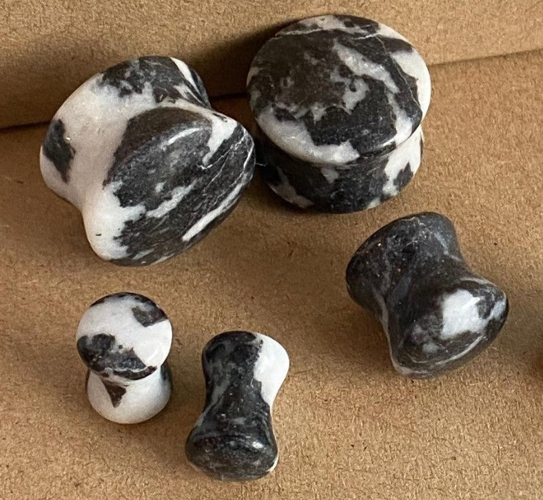 PAIR Natural Zebra Jasper Stone Double Flare Plugs Tunnels Earlet Organic Gauges