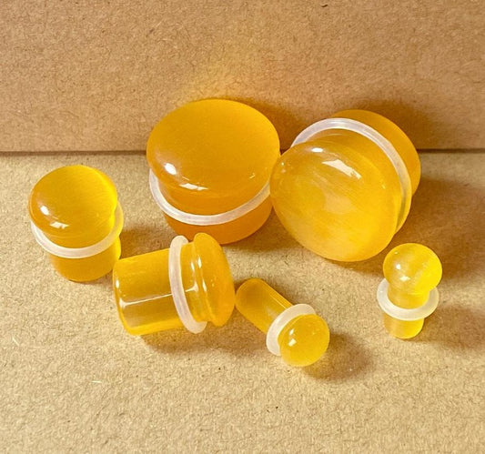 PAIR Yellow Cat Eye Stone Plugs Single Flare Tunnels Earlets Gauges Body Jewelry