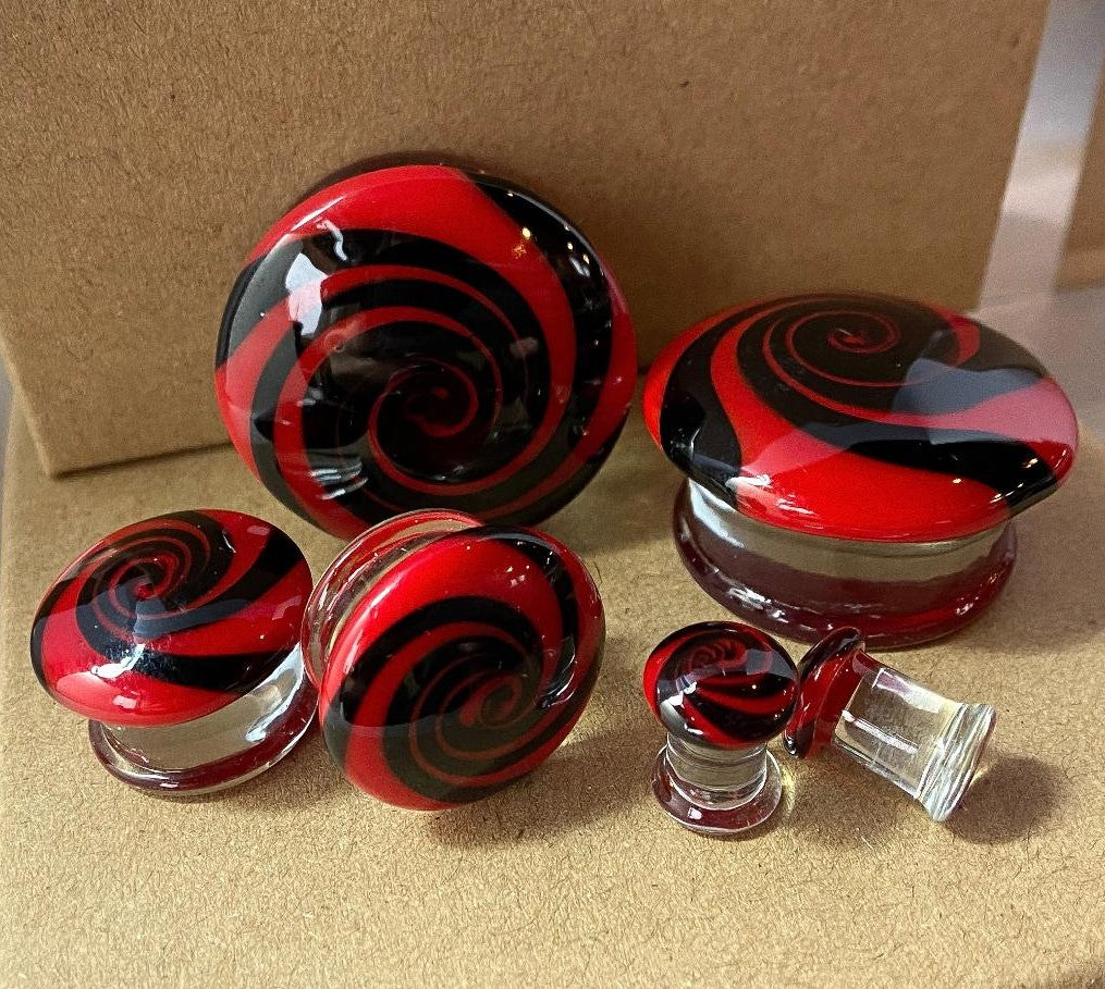 PAIR Red & Black Hypnotic Swirl Glass Double Flare Plugs Tunnels Gauges