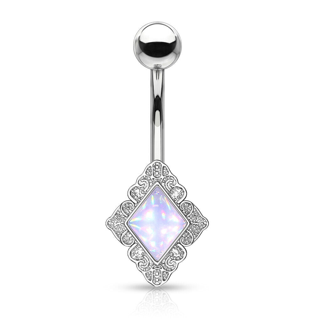 Diamond-Shaped Filigree Edge Illuminating Stone Belly Ring Naval Piercing Navel