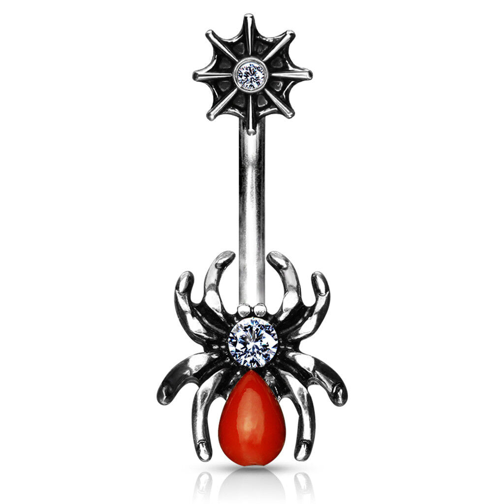 Red Spider w/ CZ Gem and Web Belly Ring Surgical Steel Pierced Navel Naval