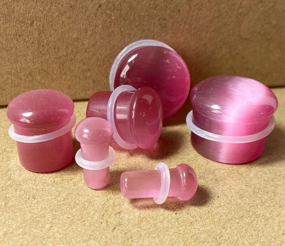 PAIR Pink Cat Eye Stone Plugs Single Flare Tunnels Earlets Gauges Body Jewelry