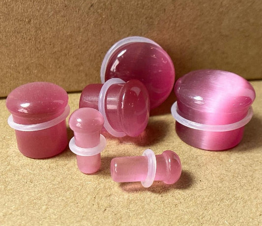 PAIR Pink Cat Eye Stone Plugs Single Flare Tunnels Earlets Gauges Body Jewelry