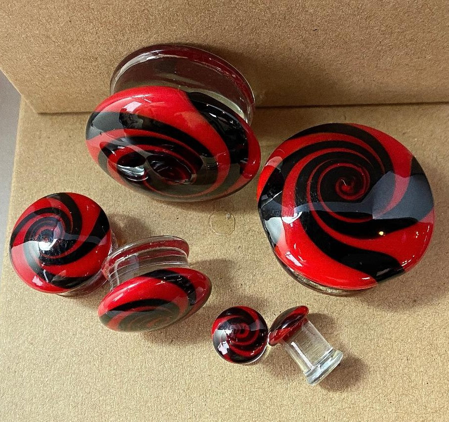 PAIR Red & Black Hypnotic Swirl Glass Double Flare Plugs Tunnels Gauges